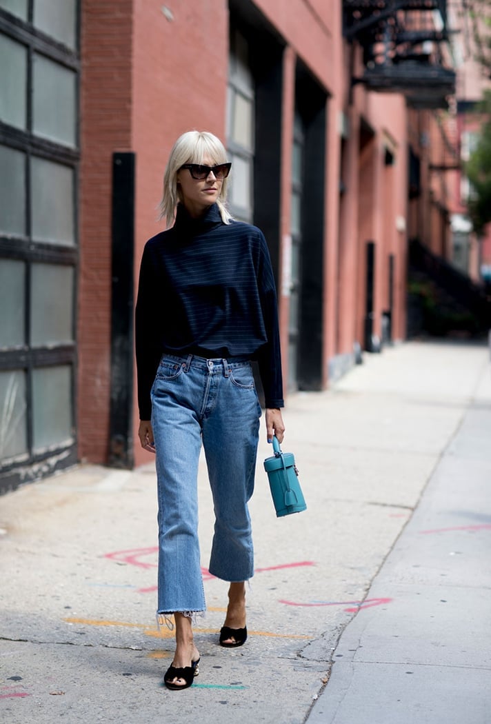 Black Mules With Cropped Jeans And Striped Turtleneck Black Mules With Cropped Jeans And Striped Turtleneck — Mules Outfits