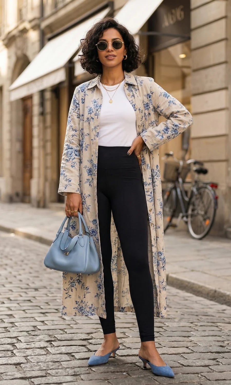 Floral Duster Coat With Leggings And Blue Mules Floral Duster Coat With Leggings And Blue Mules — Mules Outfits