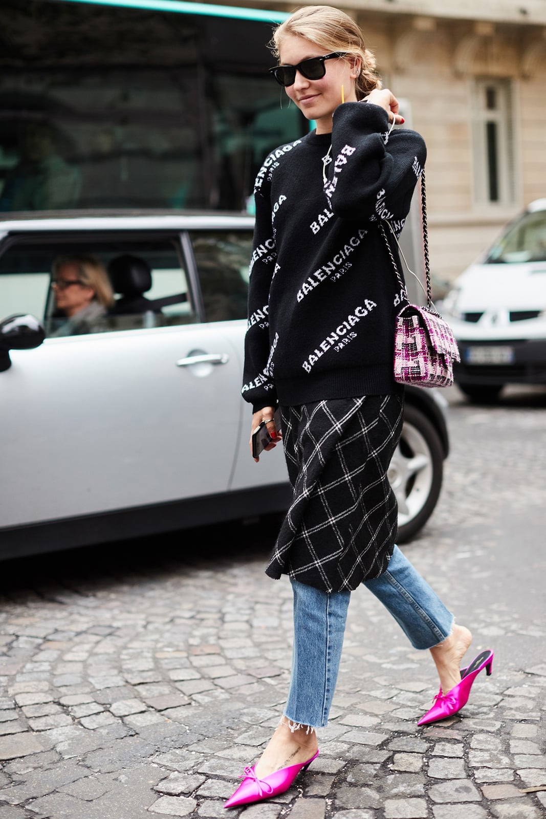 Pink Mules With Plaid Skirt And Logo Sweater Pink Mules With Plaid Skirt And Logo Sweater — Mules Outfits