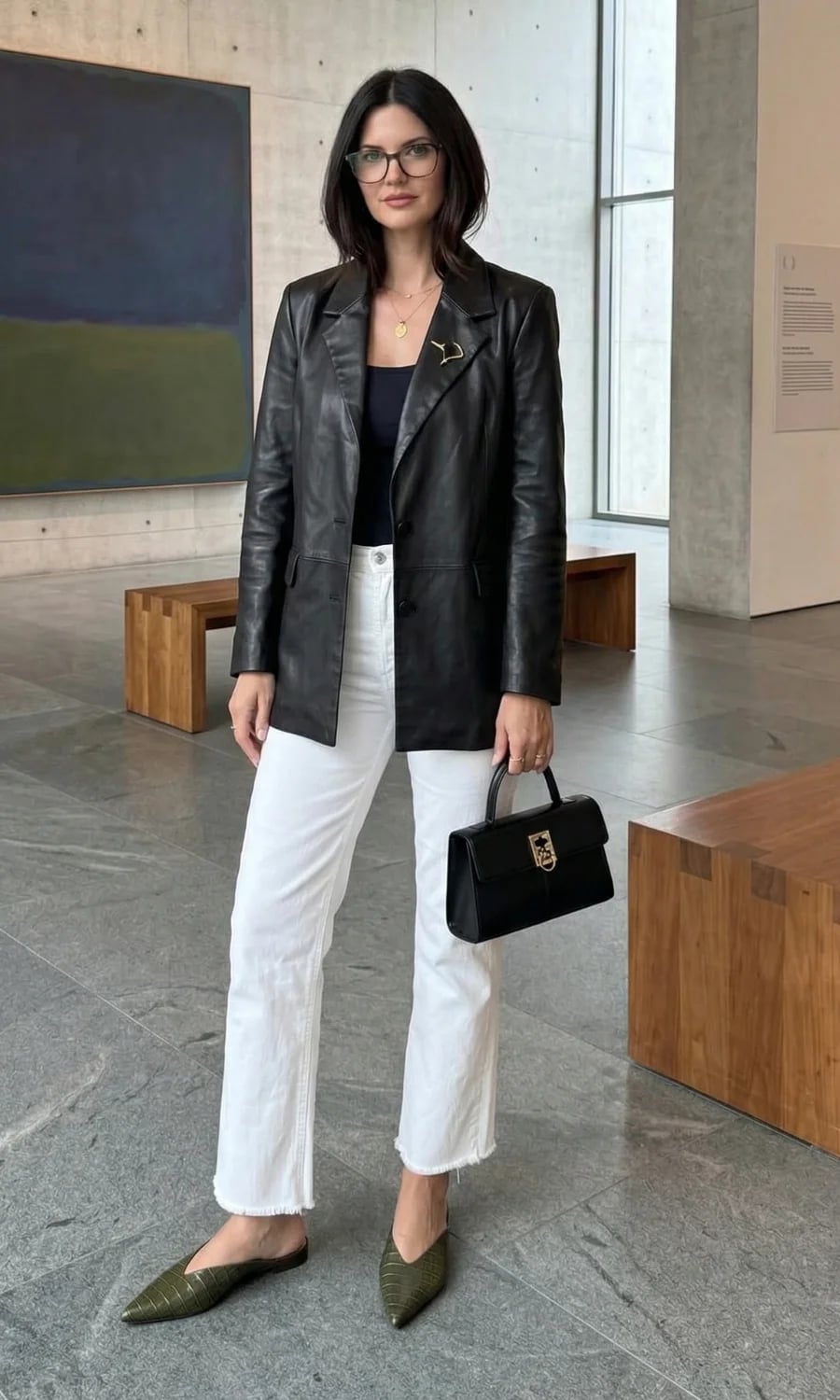 Green Mules With Leather Blazer And White Jeans Green Mules With Leather Blazer And White Jeans — Mules Outfits