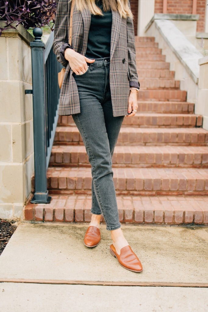 Tan Mules With Plaid Blazer And Skinny Jeans Tan Mules With Plaid Blazer And Skinny Jeans — Mules Outfits