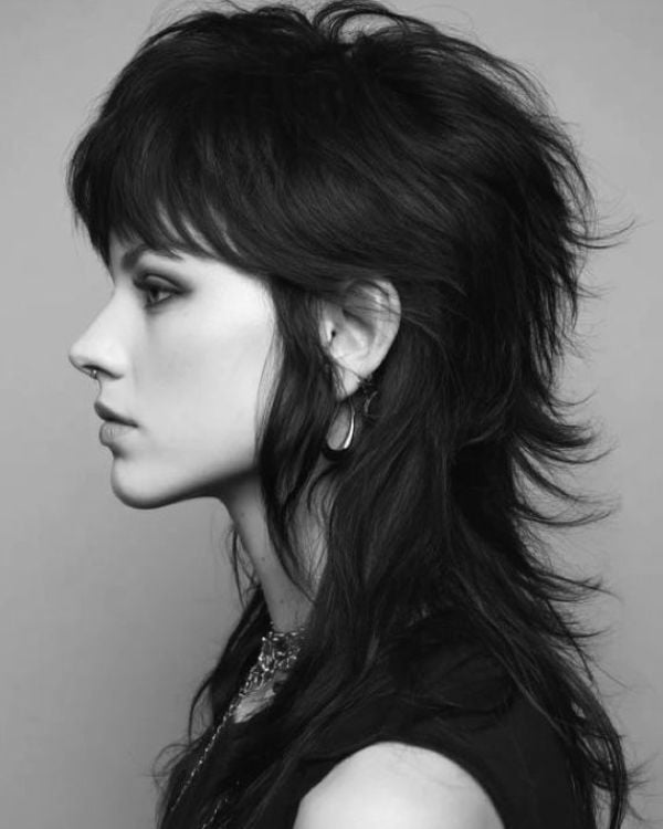 Black Mullet With Choppy Layers And Curtain Bangs — Mullet Hairstyles
