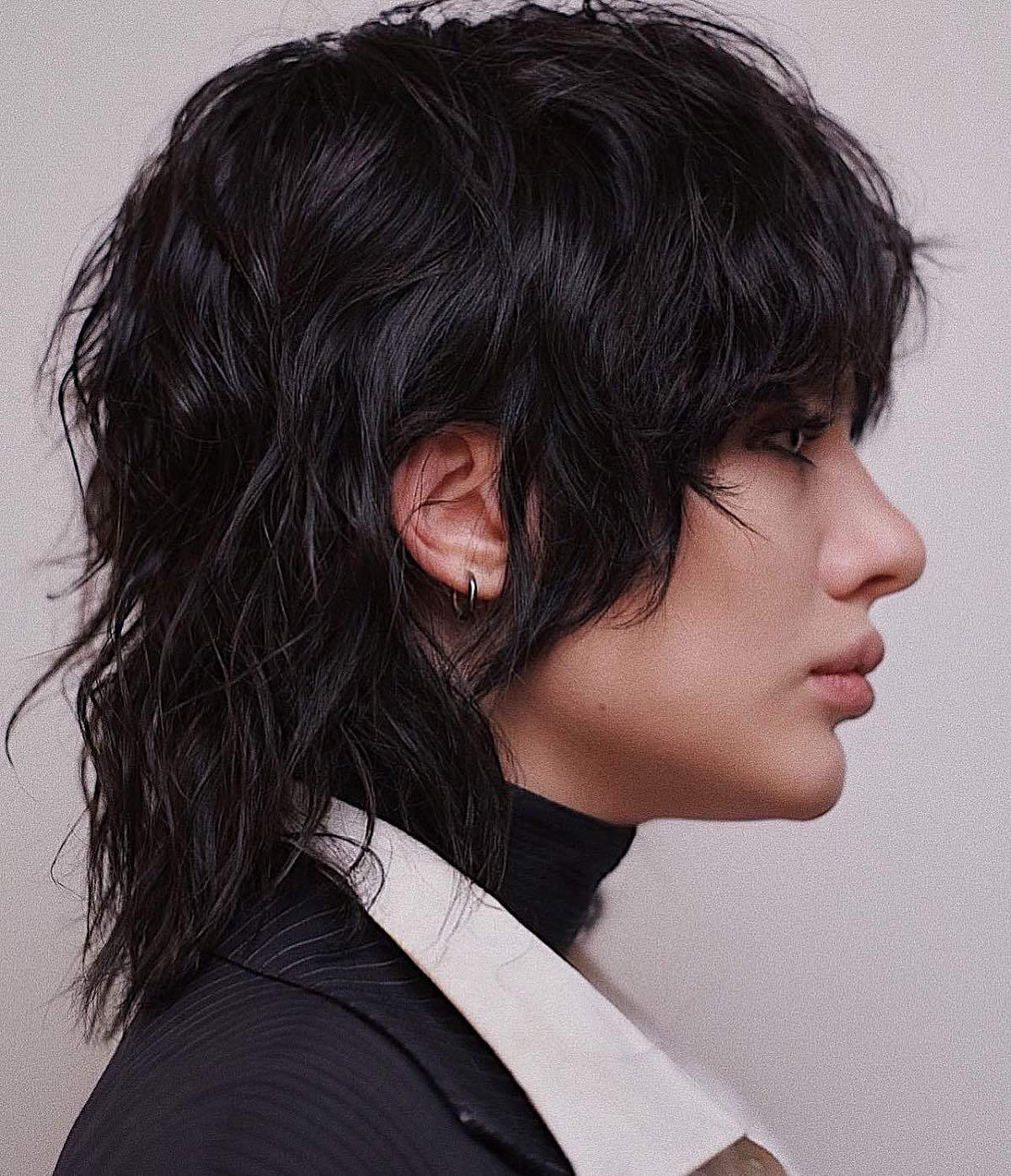 Black Ear Length Mullet With Short Choppy Bangs — Mullet Hairstyles