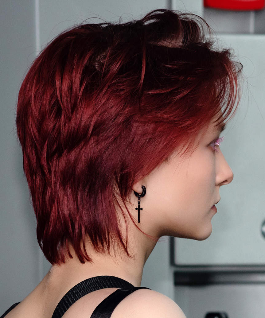 Dark Red Ear Length Mullet With Micro Bangs — Mullet Hairstyles