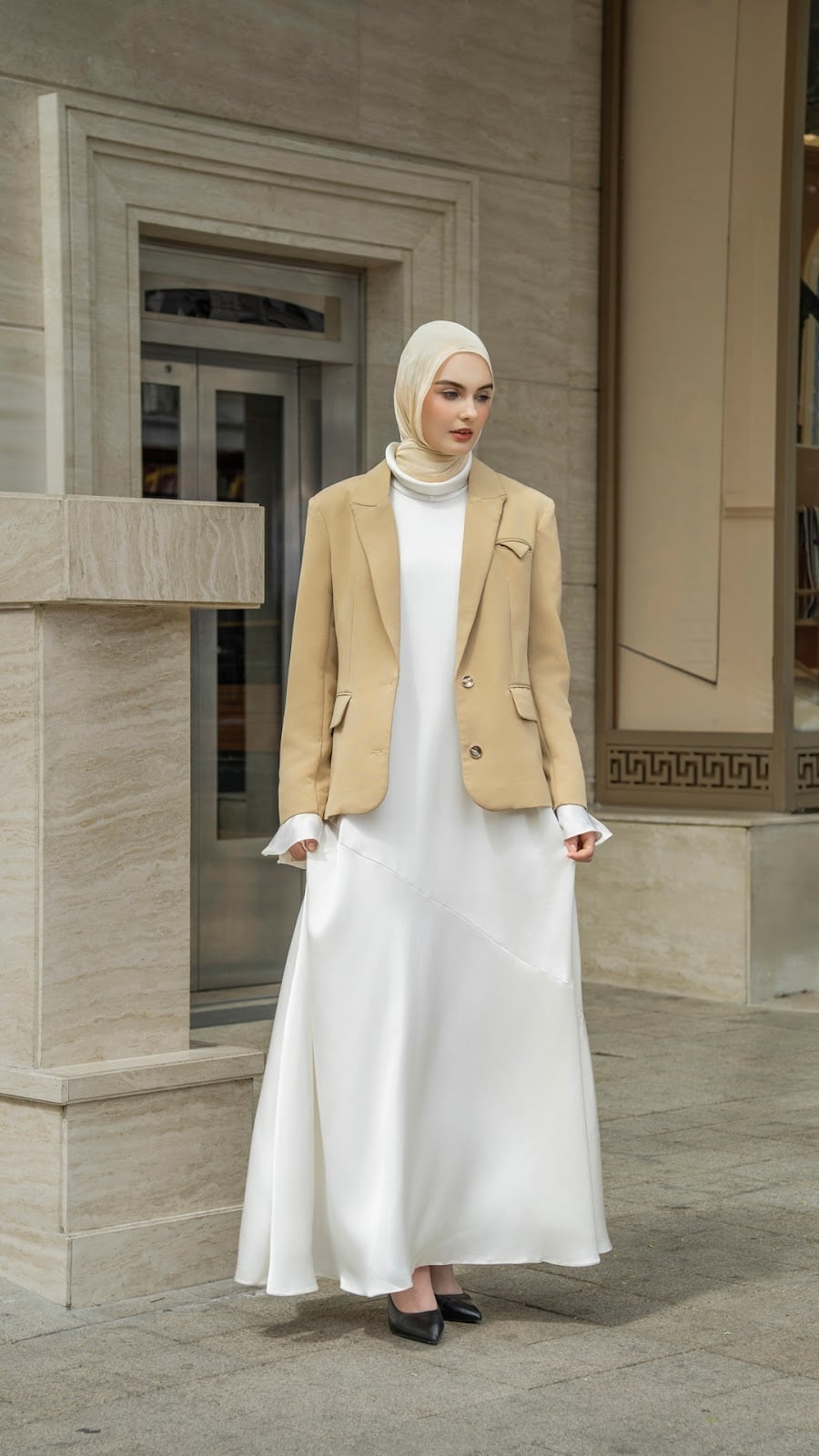 Cream Hijab with Flowing White Dress and Oversized Beige Blazer — Muslim Outfits