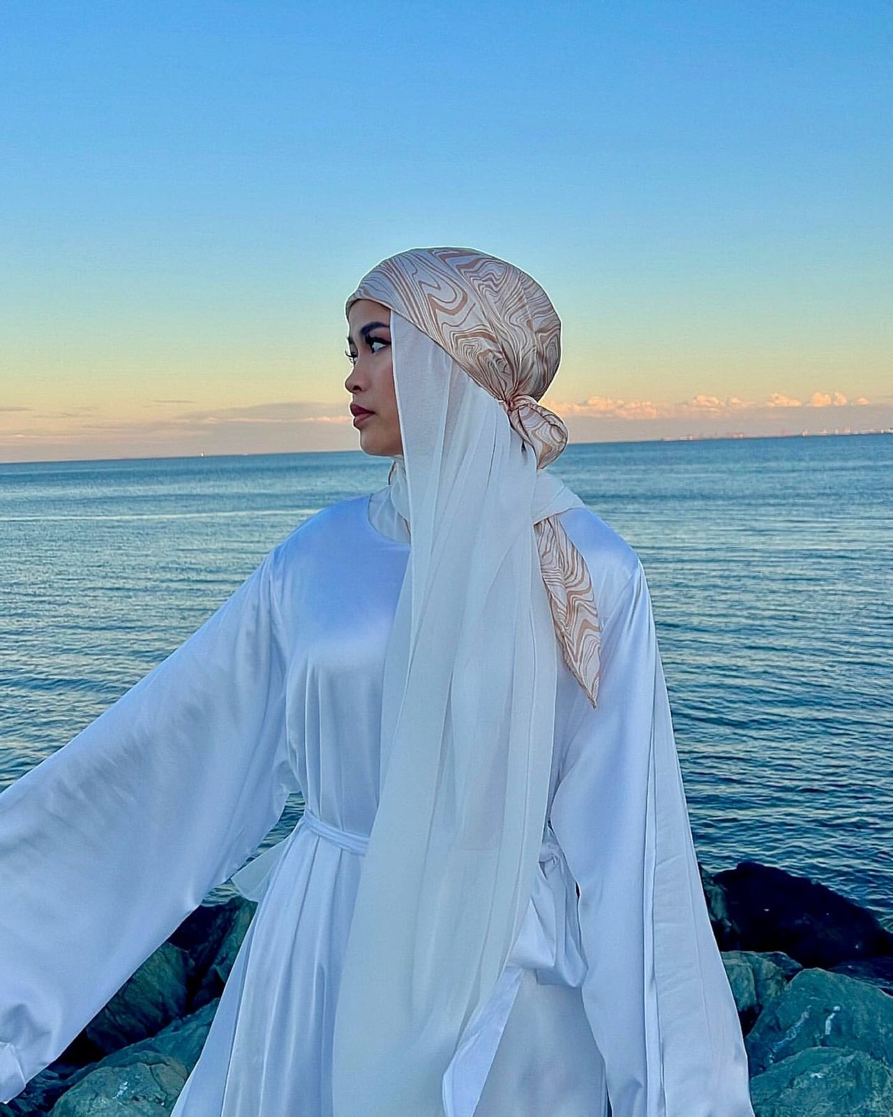 White Satin Dress with Sheer Scarf and Patterned Hijab — Muslim Outfits