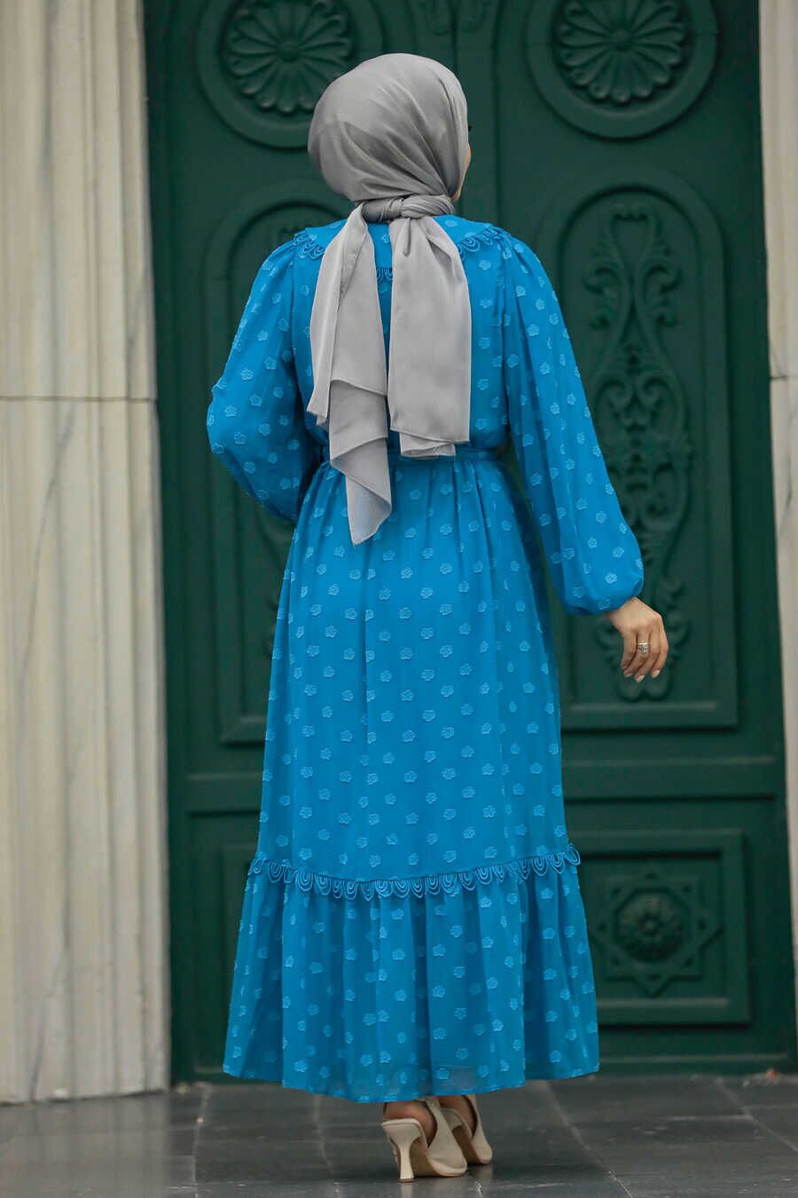 Bright Blue Polka Dot Dress with Gray Hijab — Muslim Outfits