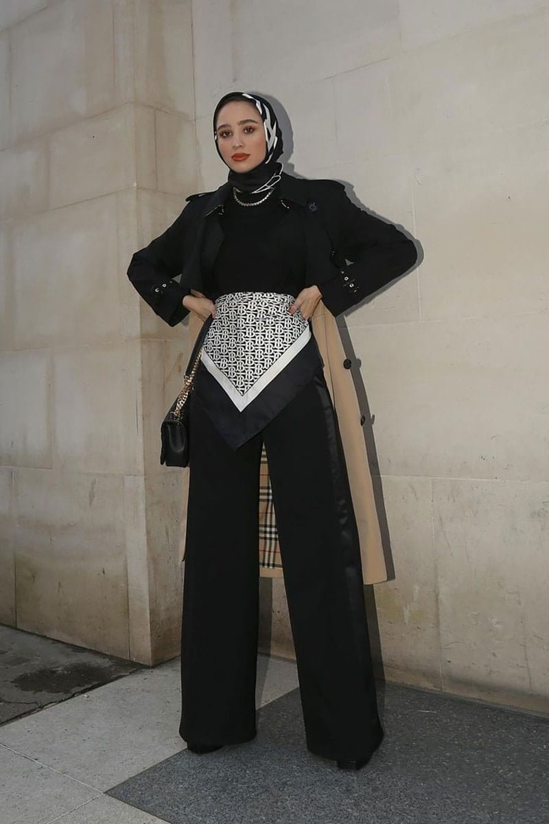 Black Trench Coat with Patterned Scarf at the Waist — Muslim Outfits
