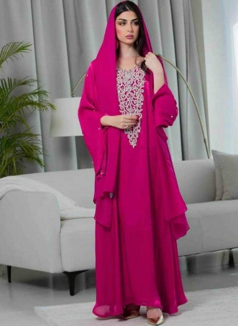 Hot Pink Abaya with Embellished Neckline — Muslim Outfits