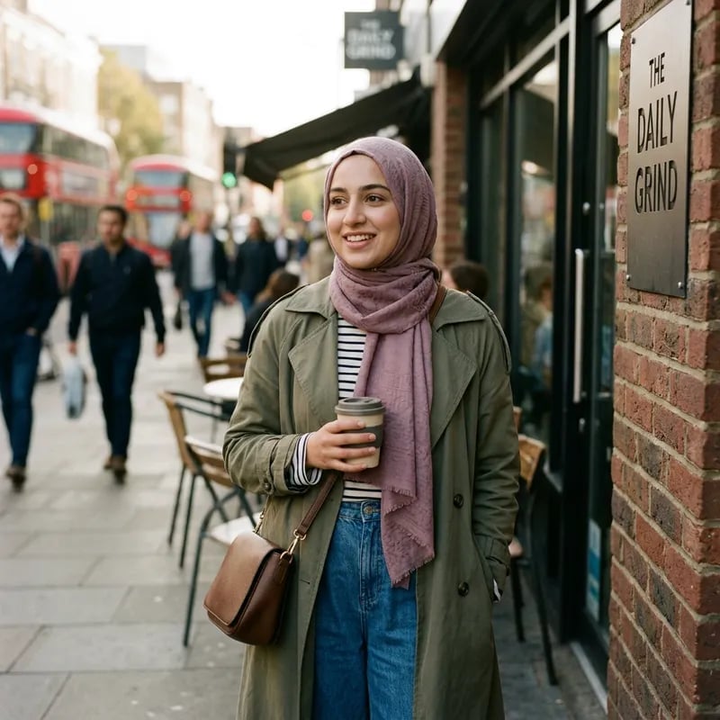 Green Trench Coat Over Striped Shirt and Blue Jeans — Muslim Outfits