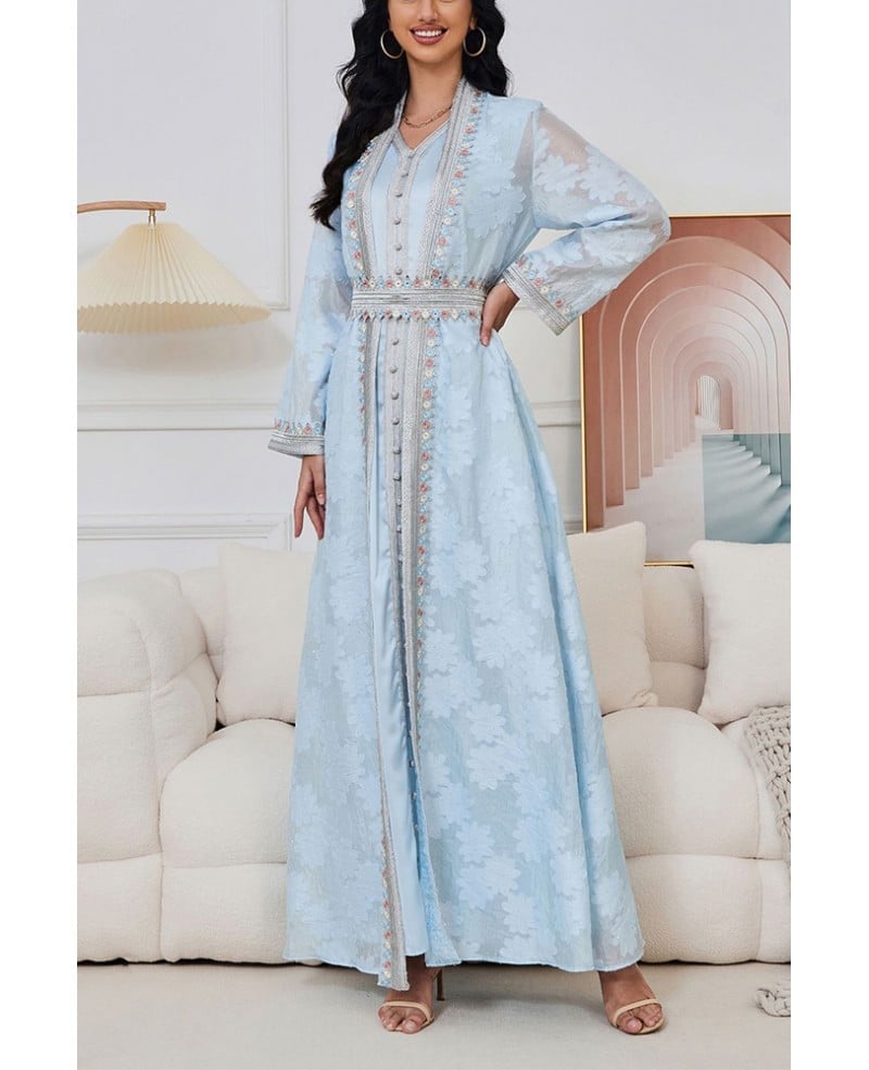 Light Blue Abaya with Floral Embroidery and Gold Jewelry — Muslim Outfits