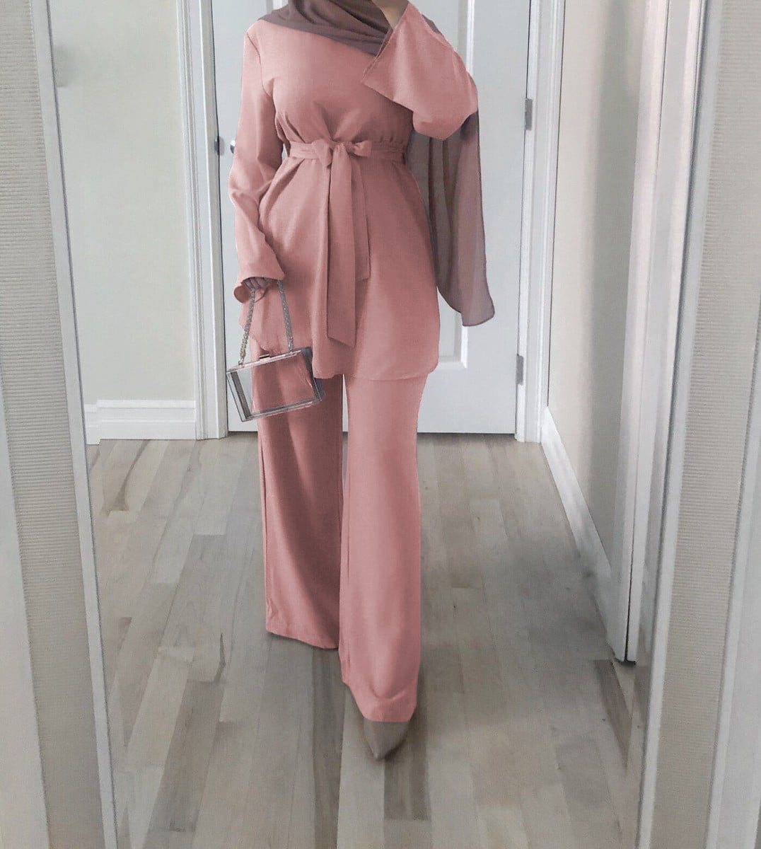 Pink Belted Blouse and Wide-Leg Pants Set — Muslim Outfits