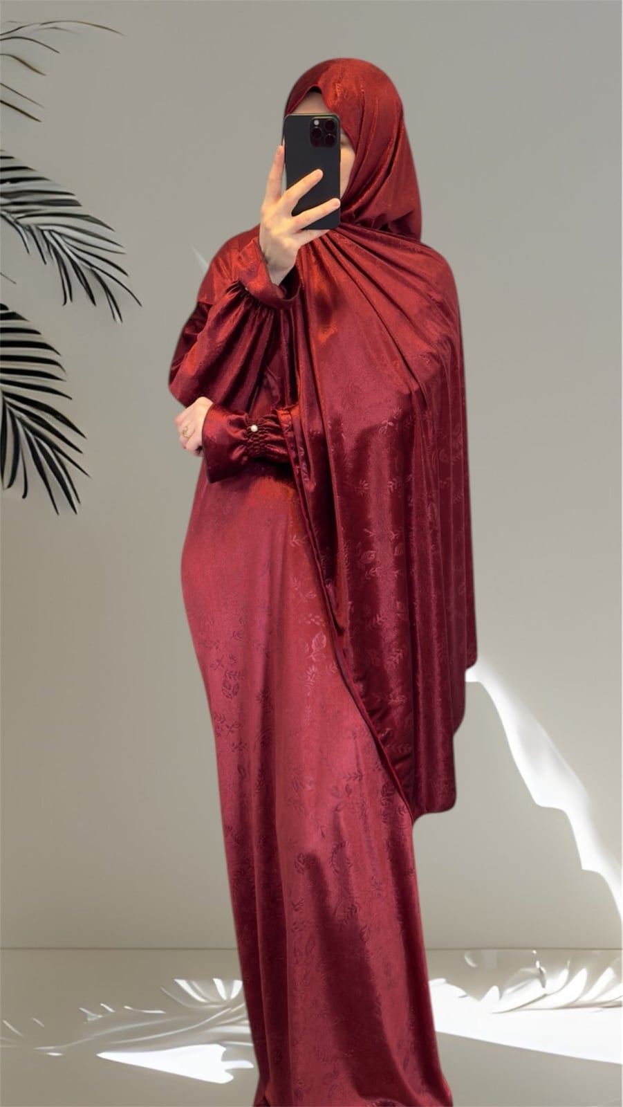 Deep Red Embossed Velvet Dress with Matching, Office-Safe Version — Muslim Outfits