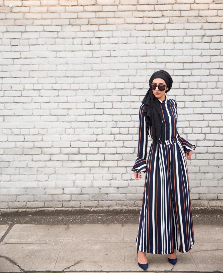 Striped Maxi Dress with Flared Sleeves and Blue, Office-Safe Version — Muslim Outfits