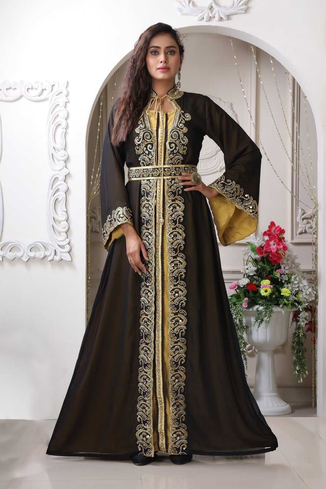 Black Open Abaya with Gold Embroidery and Belt, Office-Safe Version — Muslim Outfits