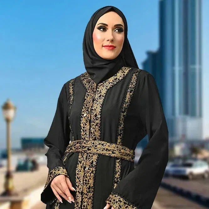 Black Abaya with Gold Embroidery and Belt, Close-Up Take — Muslim Outfits