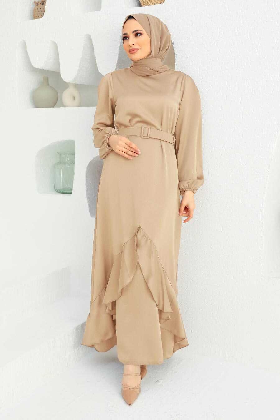 Beige Satin Dress with Ruffled Hem and Belt — Muslim Outfits