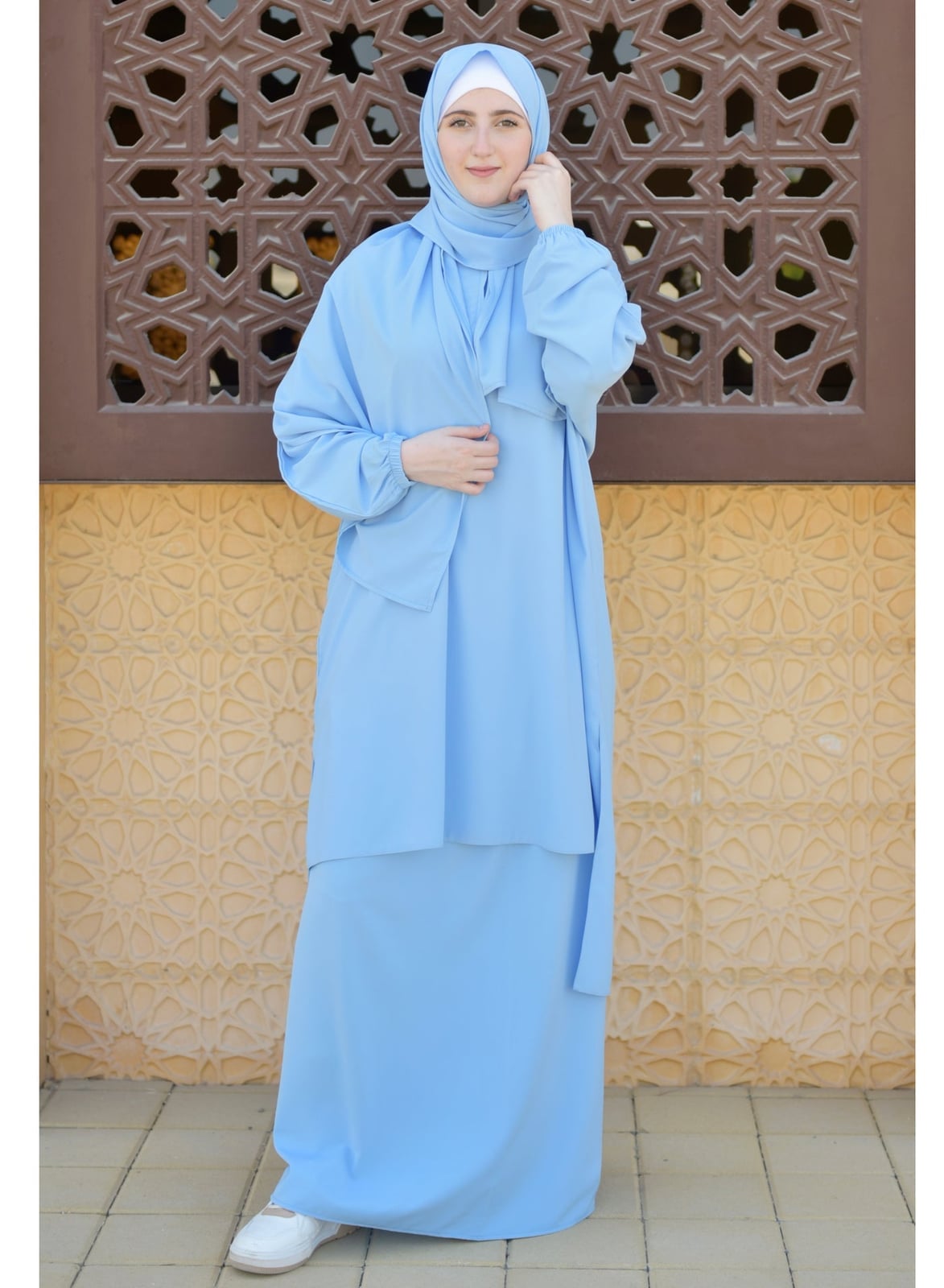 Light Blue Layered Set with White Sneakers — Muslim Outfits