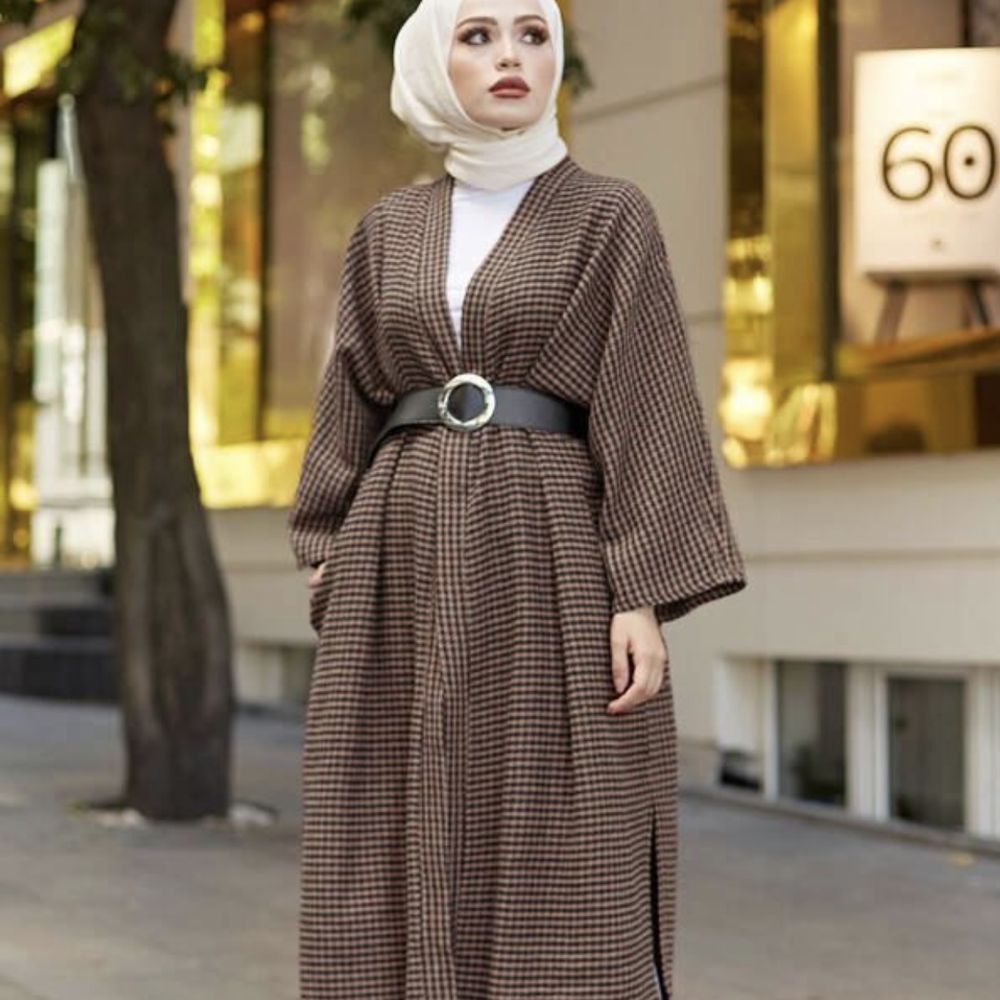 Check Coat with Wide Belt and White Top — Muslim Outfits