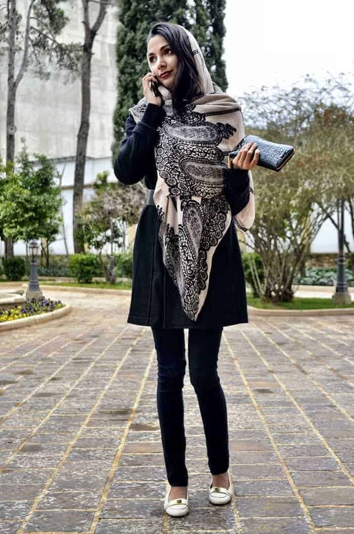 Black Coat with Paisley Scarf and White Flats — Muslim Outfits
