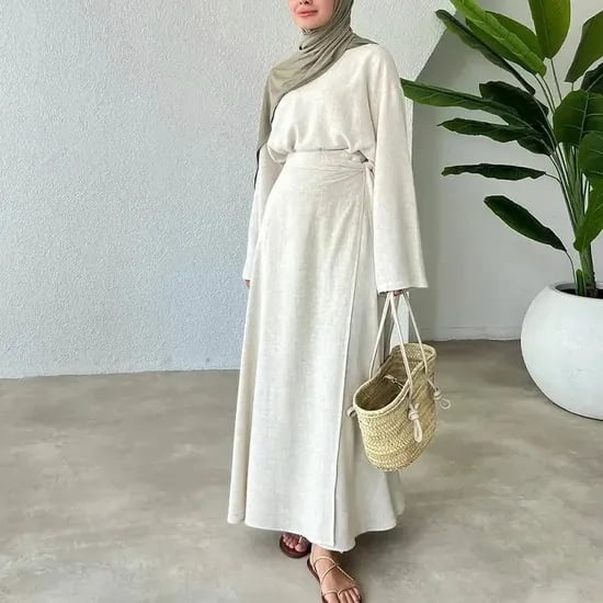 Cream Linen Wrap Dress with Olive Green Hijab — Muslim Outfits