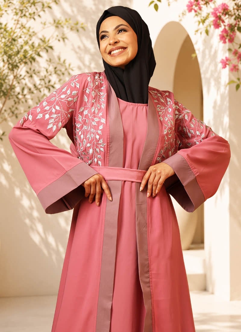 Pink Open Abaya with Silver Embroidery and Belt — Muslim Outfits