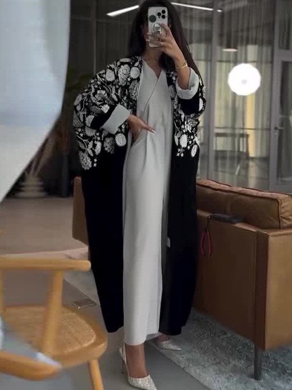 Gray Jumpsuit with Black Embroidered Abaya and Pointed-Toe Heels — Muslim Outfits