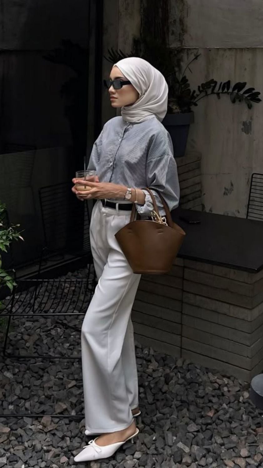 White Hijab with Striped Shirt and Wide-Leg Trousers — Muslim Outfits