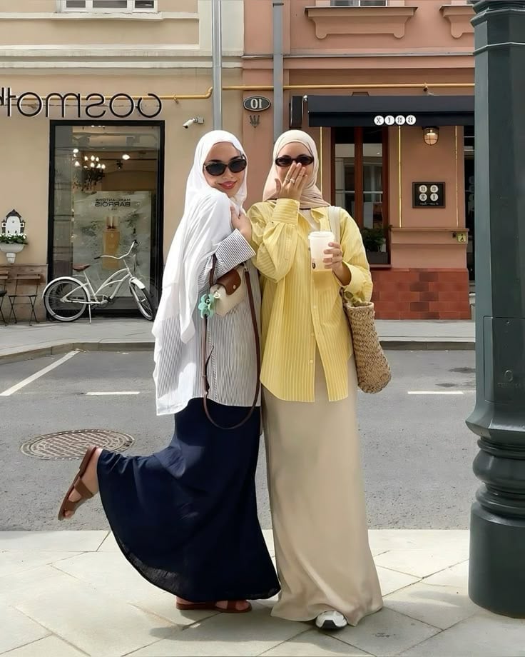 Striped Shirt with Navy Maxi Skirt and Brown Accessories — Muslim Outfits