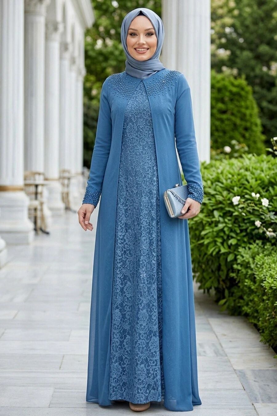 Blue Lace Dress with Beaded Cardigan and Gray Hijab — Muslim Outfits