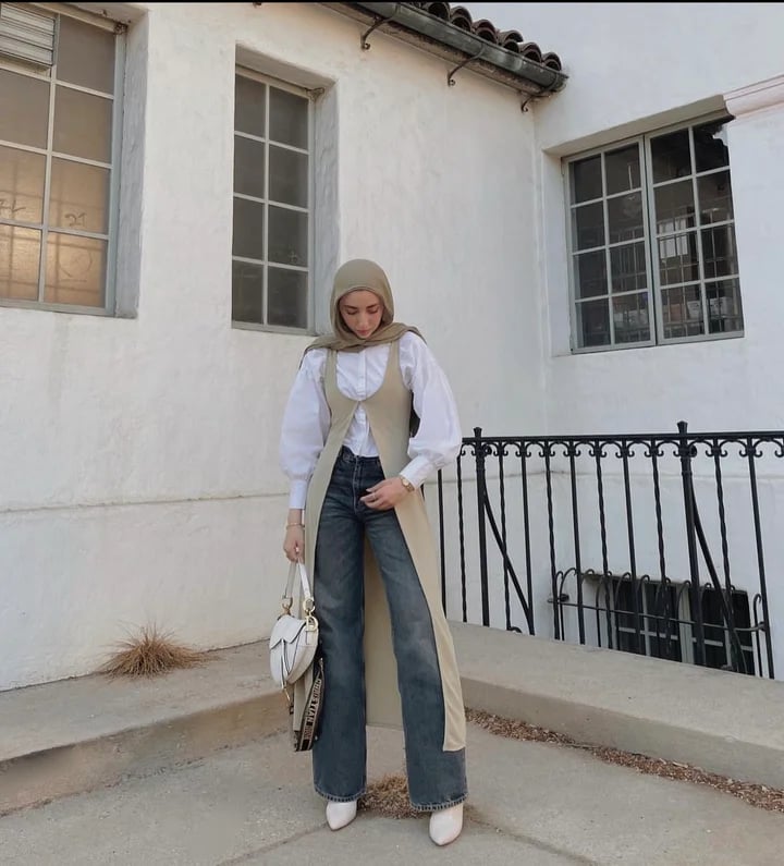 Longline Vest Over White Blouse and Wide-Leg Jeans — Muslim Outfits