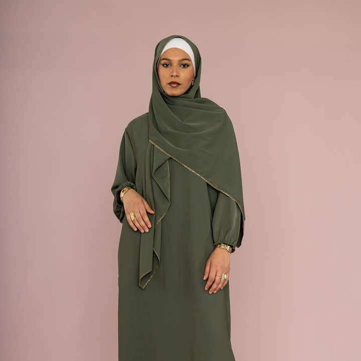 Olive Green Dress with Gold Trim and Gold Accessories — Muslim Outfits