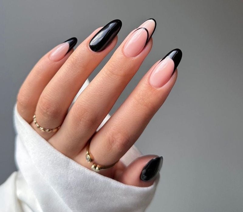 Long Almond Nude Black French Star Nails Long Almond Nude Black French Star Nails — Nail Art