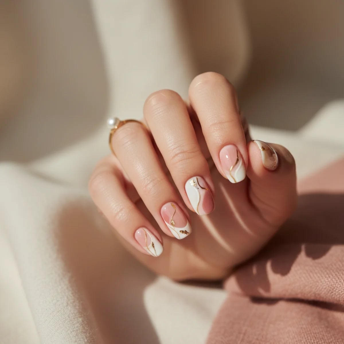 Medium Oval Nude Abstract White Gold Lines Nails Medium Oval Nude Abstract White Gold Lines Nails — Nail Art