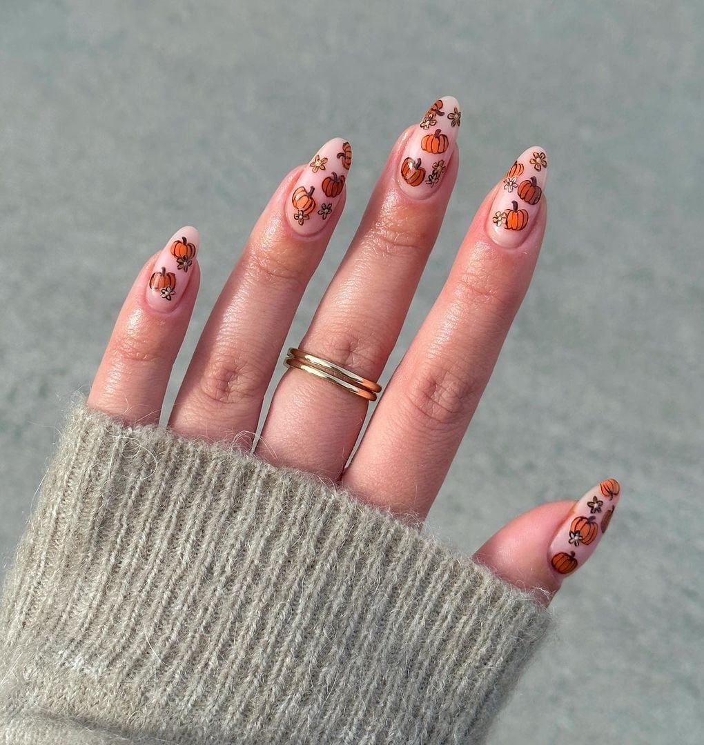Medium Almond Sheer Nude Pumpkin Flower Nails Medium Almond Sheer Nude Pumpkin Flower Nails — Nail Art