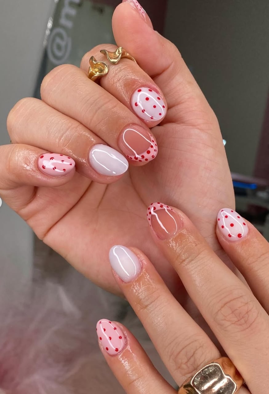 Short Oval Sheer Pink Red Polka Dot Line Nails Short Oval Sheer Pink Red Polka Dot Line Nails — Nail Art