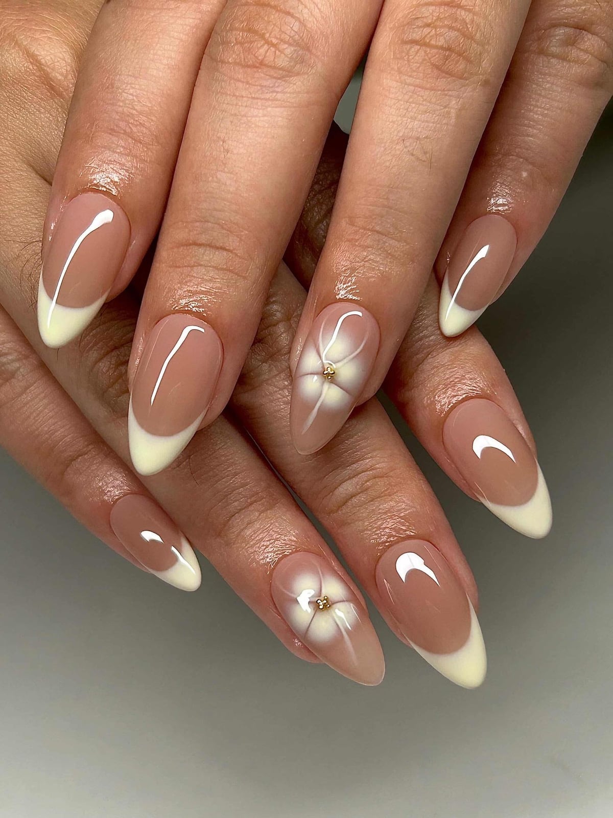 Medium Almond Nude French Floral Gold Bead Nails Medium Almond Nude French Floral Gold Bead Nails — Nail Art