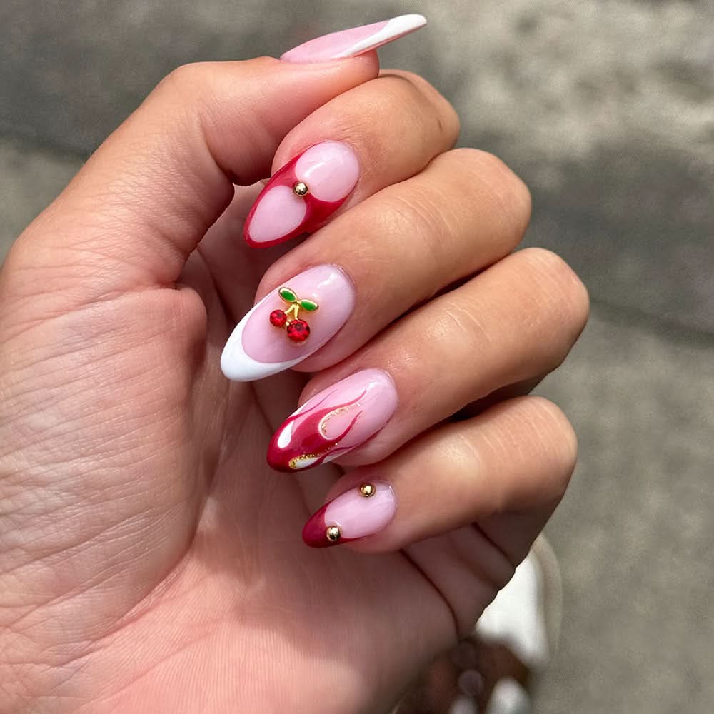 Medium Oval Pink White French Cherry Charm Nails Medium Oval Pink White French Cherry Charm Nails — Nail Art