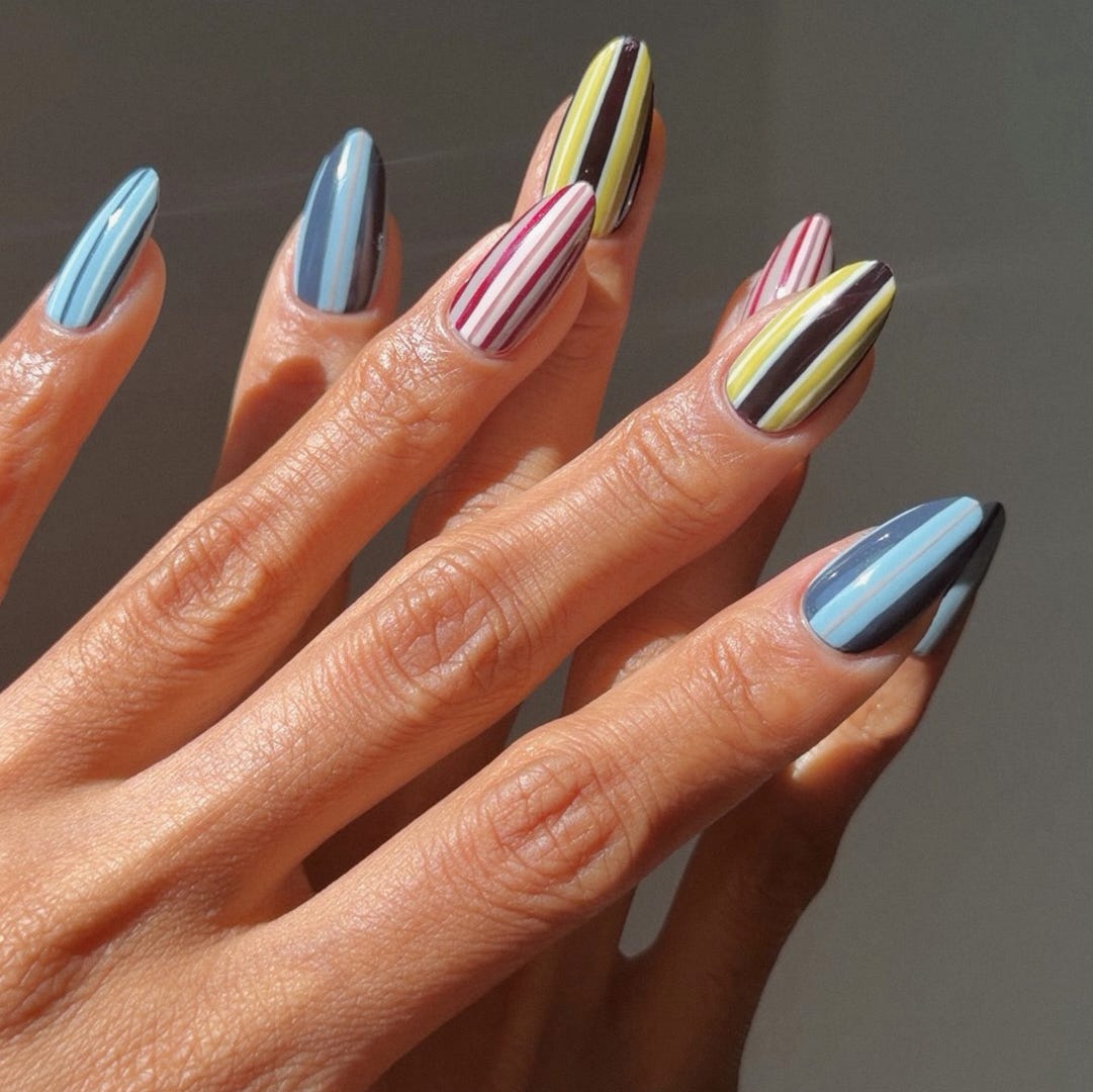 Medium Almond Multi-Color Vertical Stripe Nails Medium Almond Multi-Color Vertical Stripe Nails — Nail Art