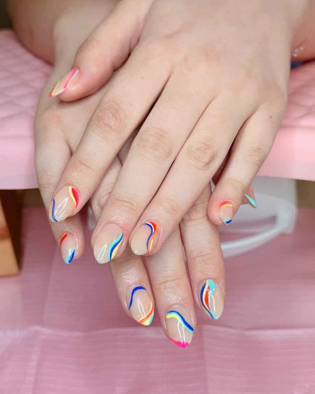 Short Oval Nude Rainbow Swirl Nails Short Oval Nude Rainbow Swirl Nails — Nail Art
