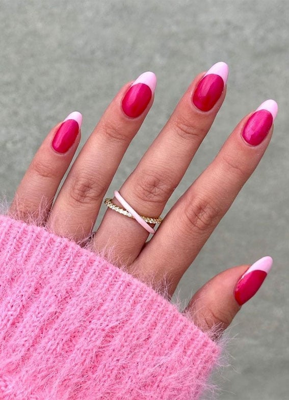 Medium Oval Hot Pink Light Pink French Tip Nails Medium Oval Hot Pink Light Pink French Tip Nails — Nail Art