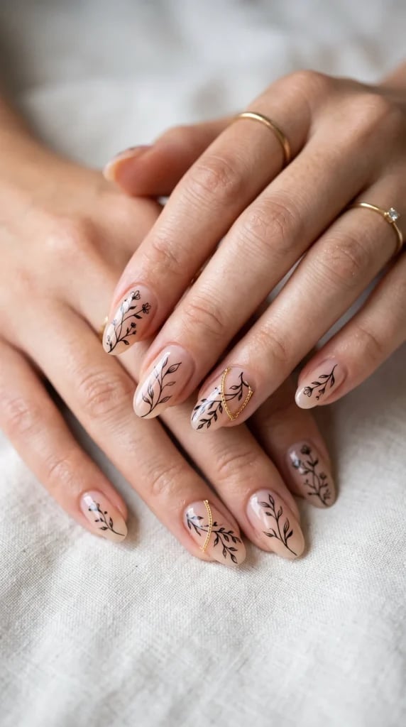 Oval Nude Botanical Black Gold Chain Nails Oval Nude Botanical Black Gold Chain Nails — Nail Art