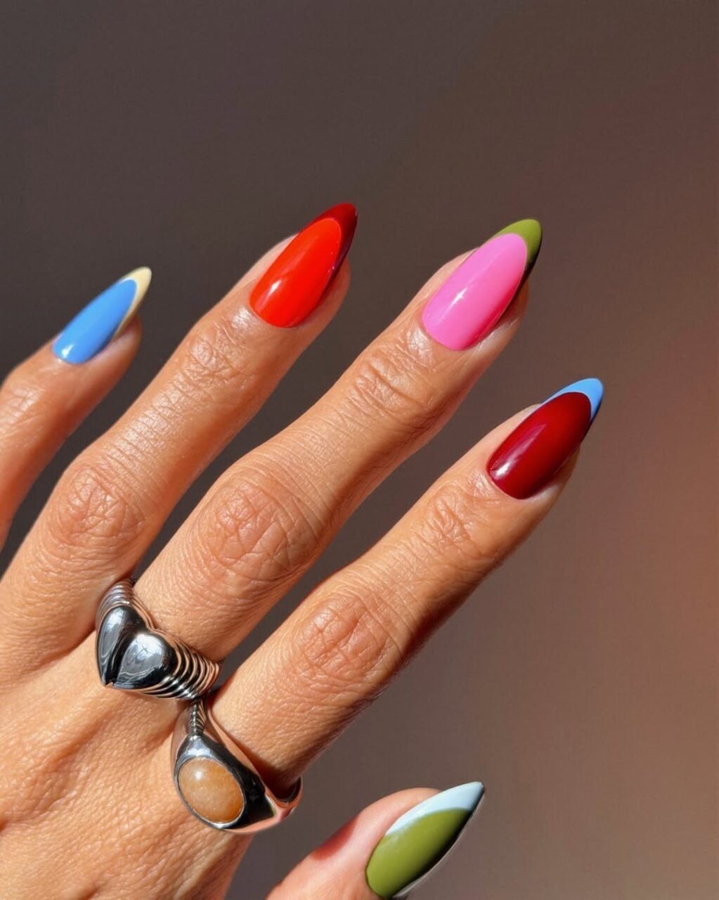 Medium Almond Nails With Color Block French Tips — Nail Designs