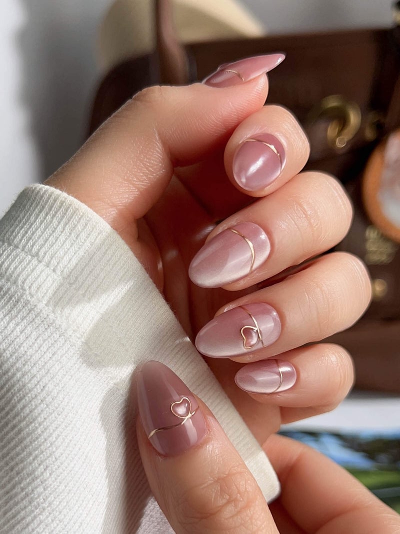Short Almond Nails With Gold Wire Hearts — Nail Designs