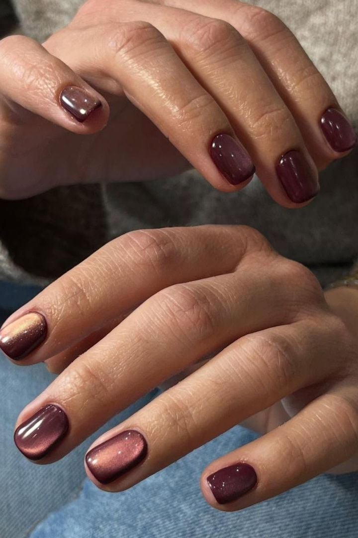 Short Square Plum Cat-Eye Nails — Nail Designs