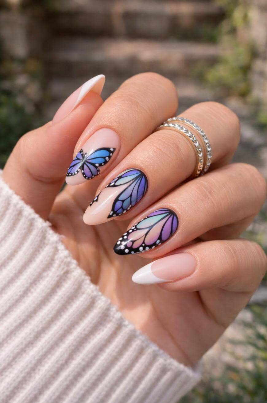 Medium Almond Nails With Butterfly Wing Art — Nail Designs