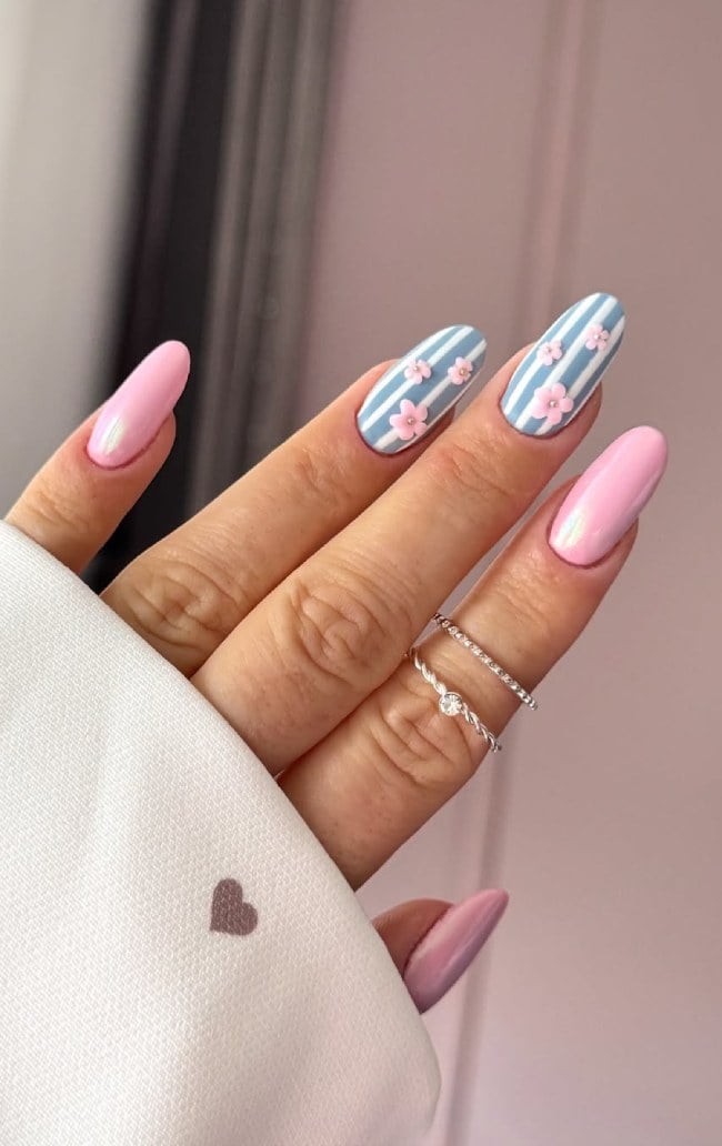Medium Almond Nails With Pearlescent Pink And Stripes — Nail Designs