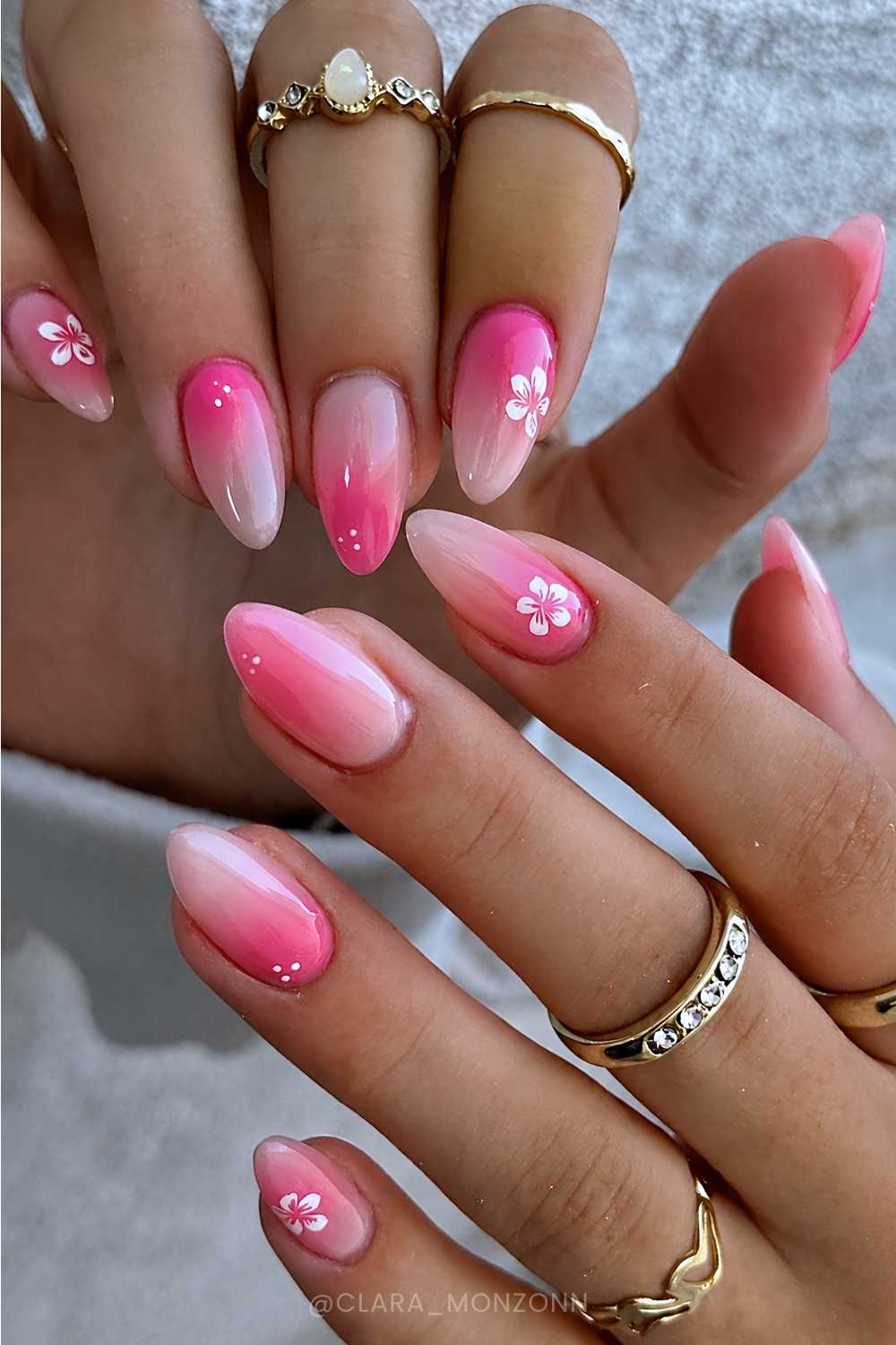 Medium Almond Nails With Pink White Ombre And Flowers — Nail Designs