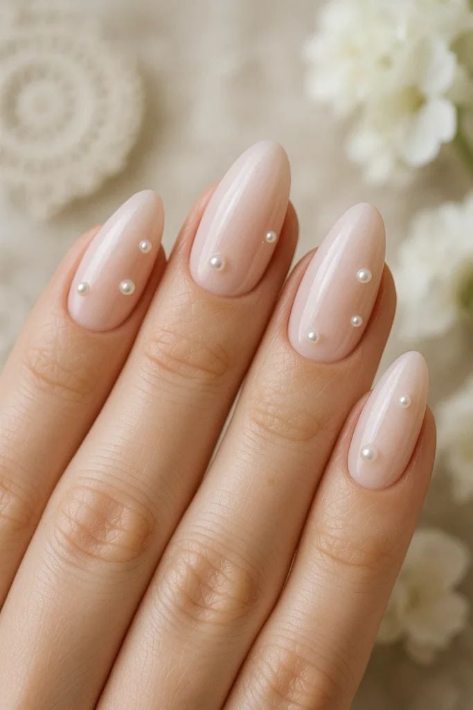 Milky Nude Almond Nails With Pearl Accents — Nail Designs