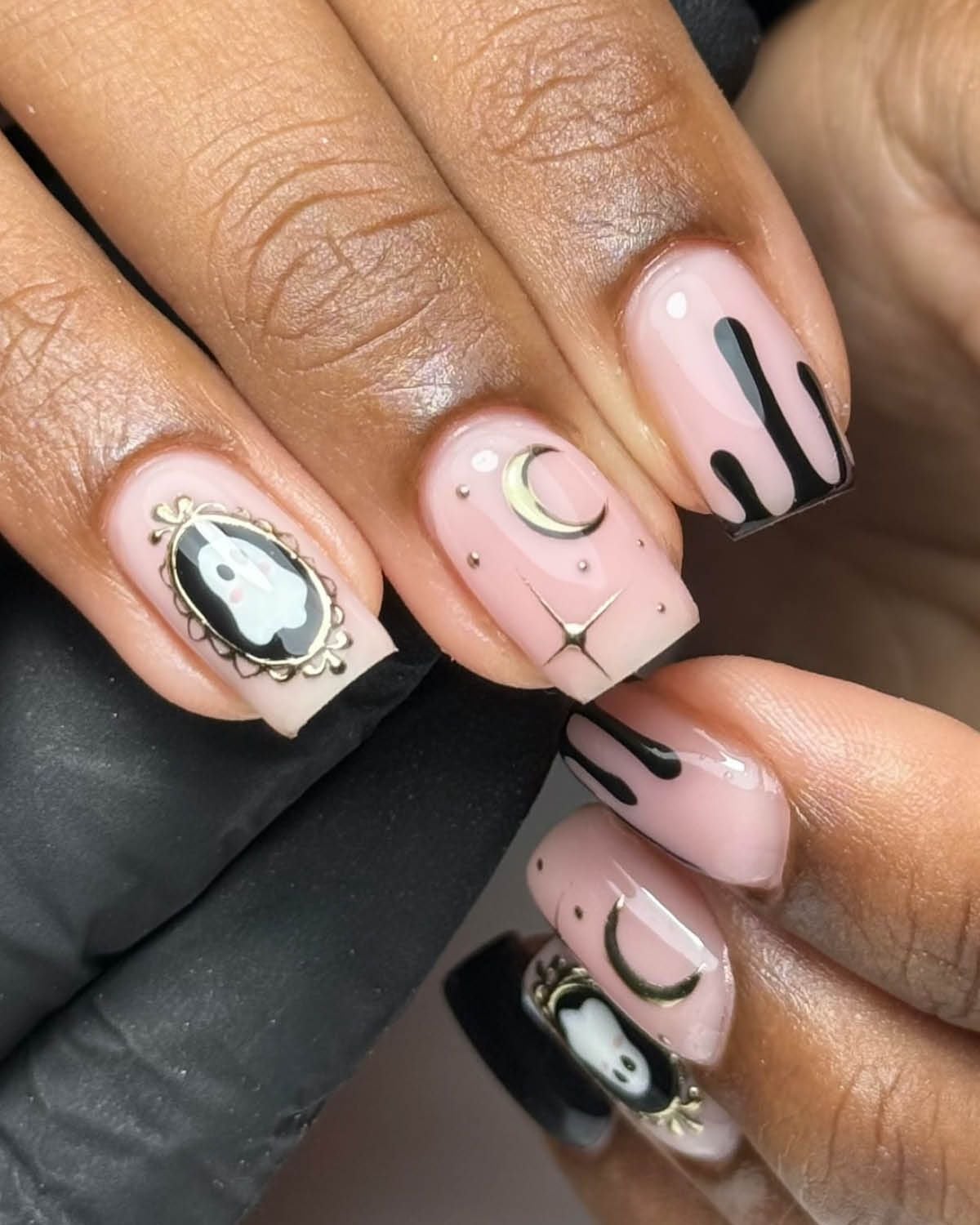 Short Square Nails With Ghost Charms And Drips — Nail Designs